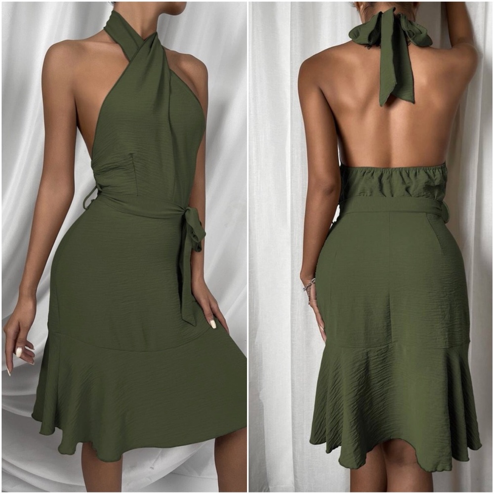 Mocha Brown Twist Halter Ruffle Midi Dress Belted - Picture 5 of 10